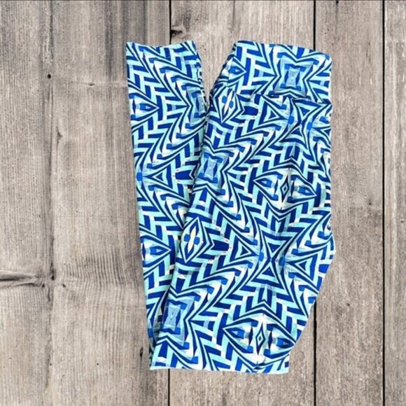LuLaRoe Blue Geometric with Yellow Accent Lightweight Leggings Pants Women's OS - Picture 1 of 9